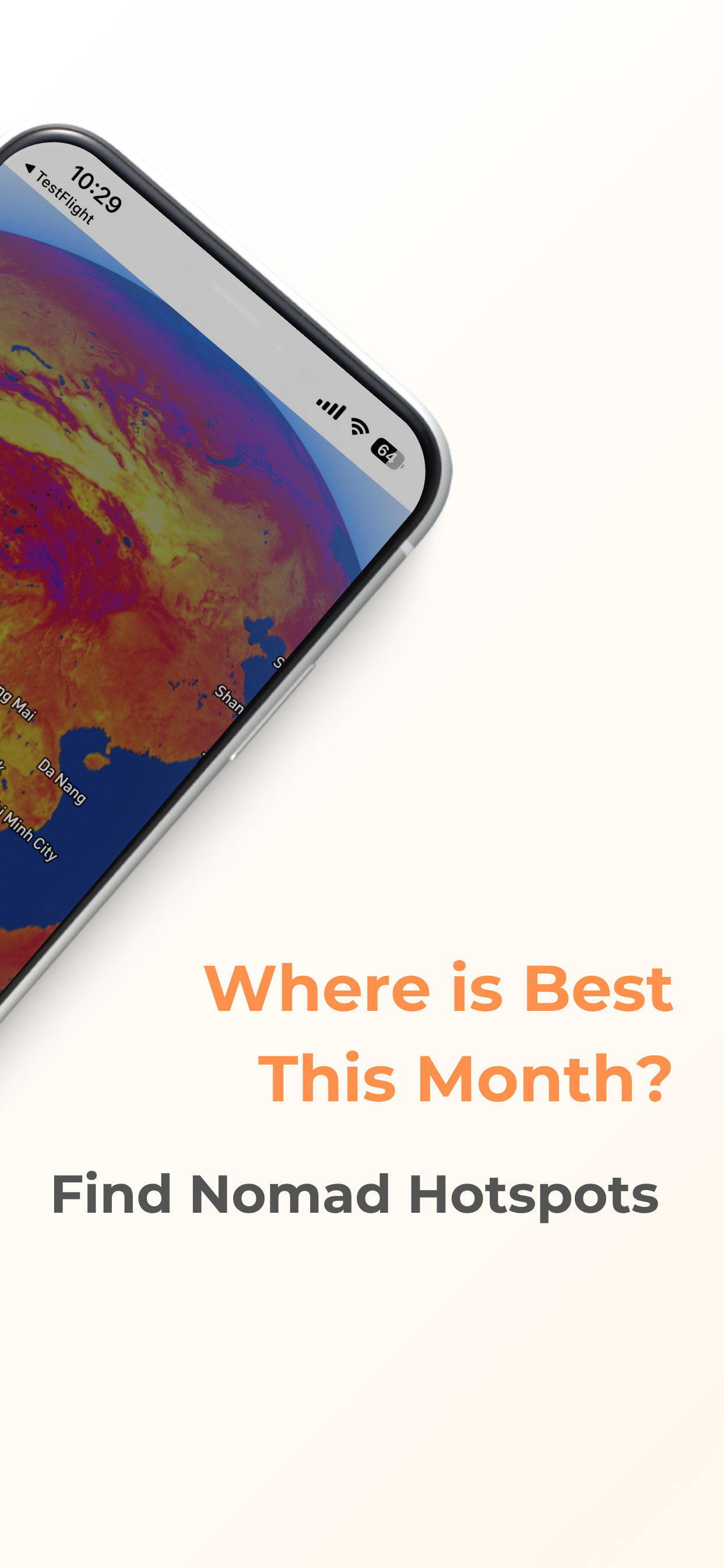 Climate Nomad app showing an interactive 3D globe with a vivid orange and red climate heatmap