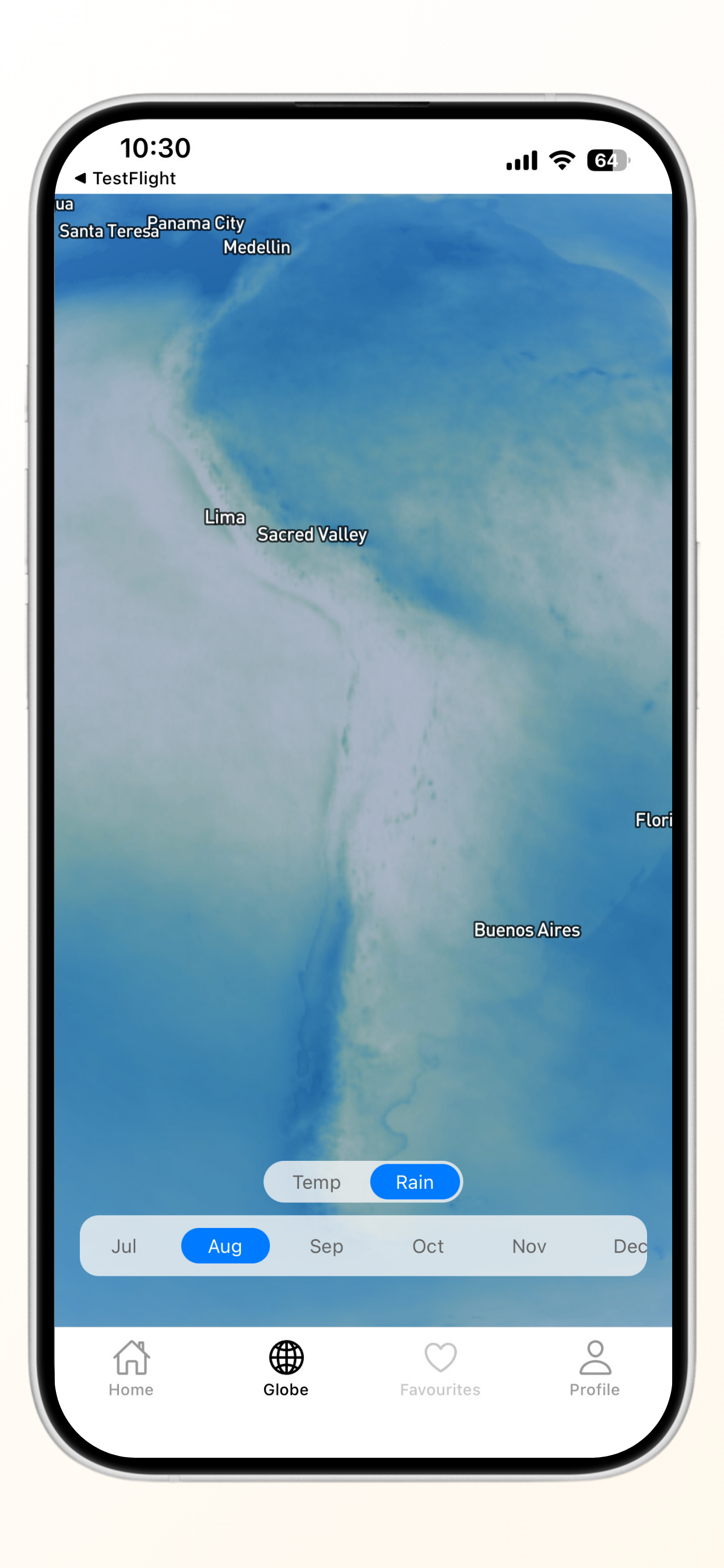 Globe view showing cool blue climate tones over South America