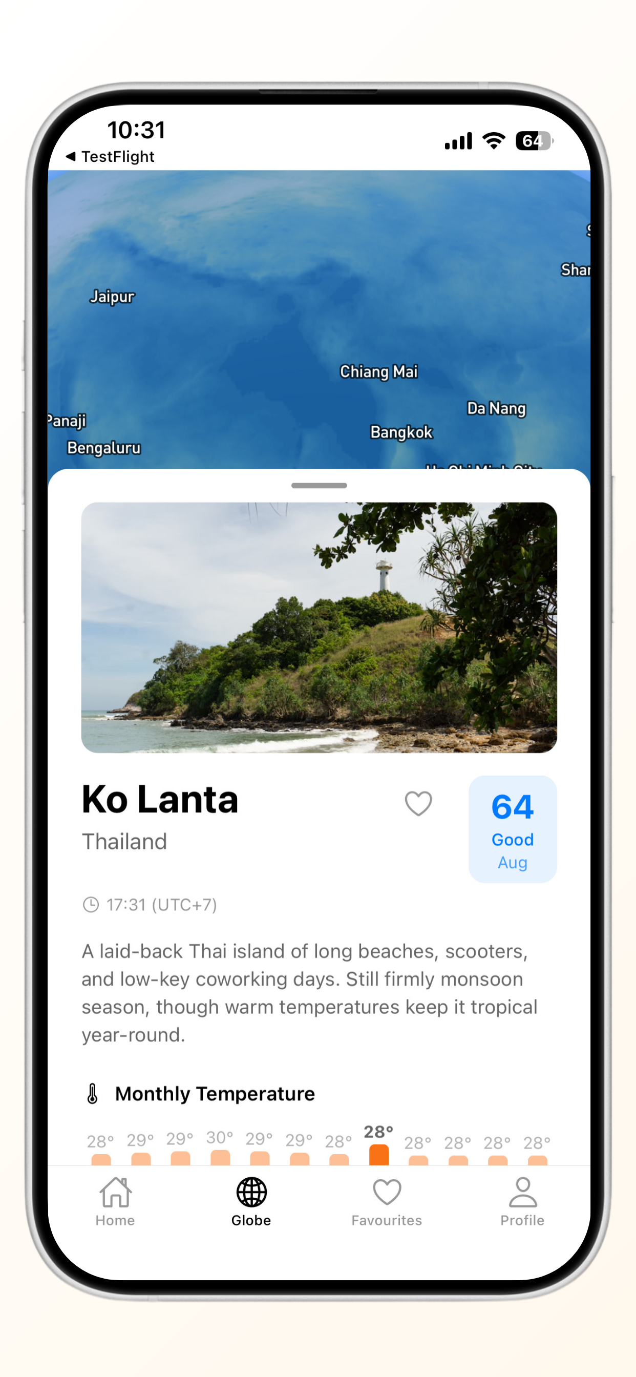 Ko Lanta, Thailand city detail with globe visible in the background