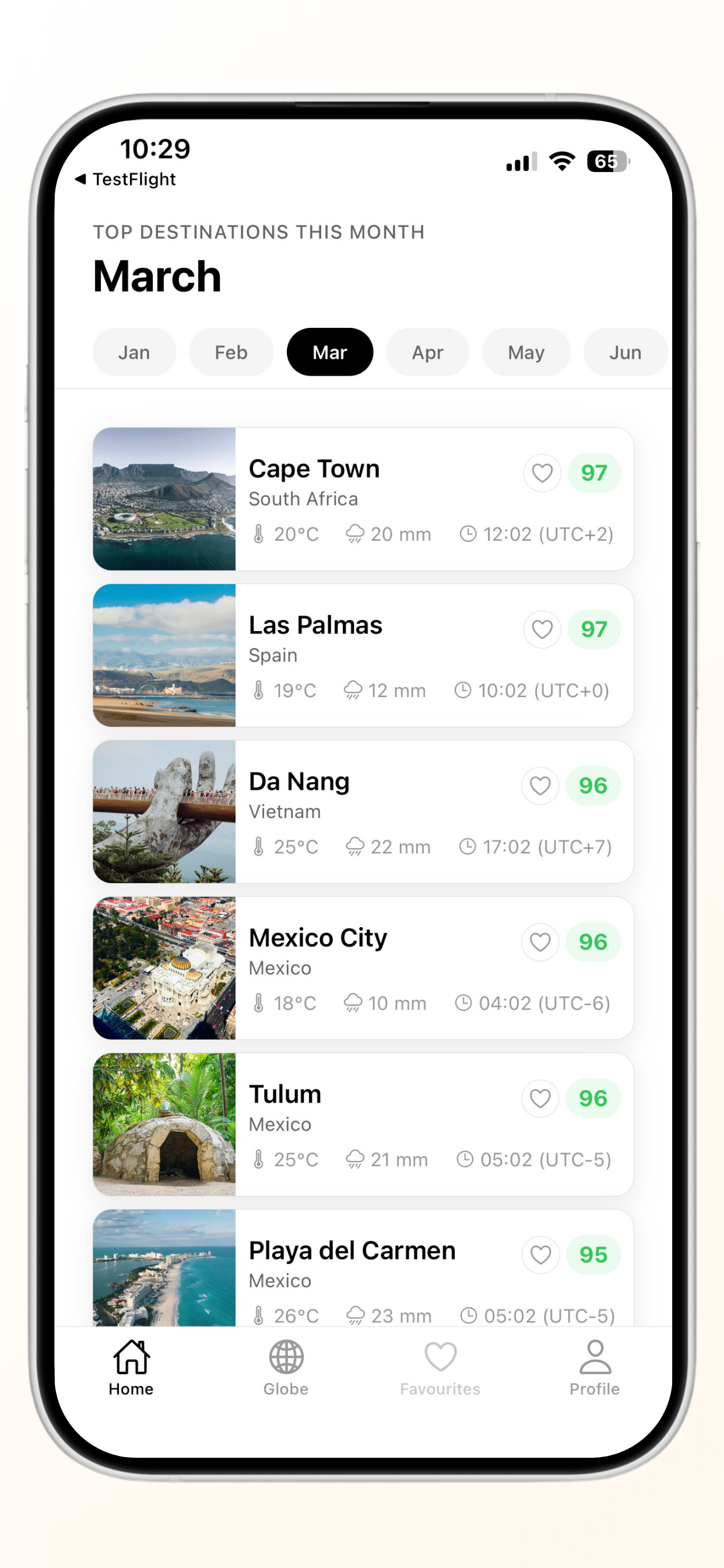 Home screen showing top nomad destinations for March with climate scores